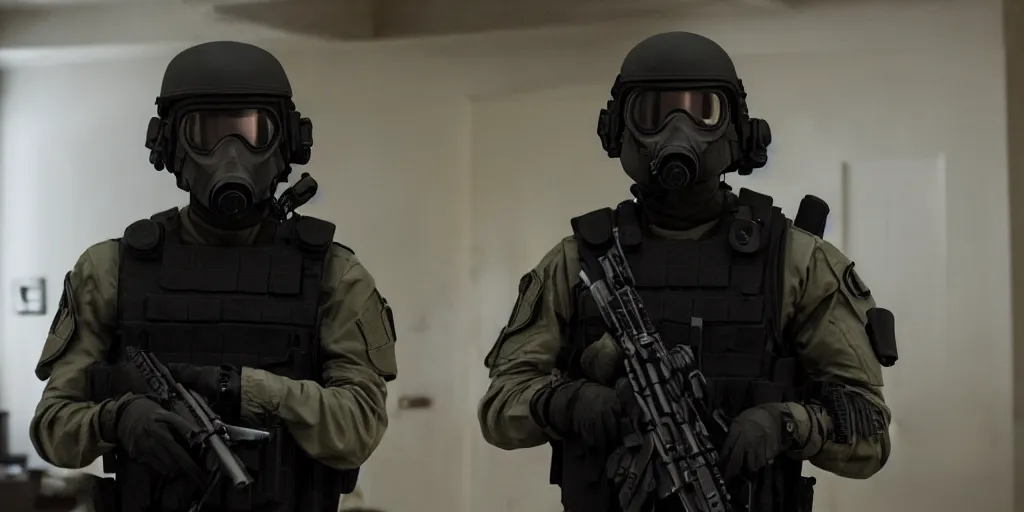 Image similar to vfx film, swat team squad crew, breach and clear, gang house, flat color profile low - key lighting award winning photography arri alexa cinematography, cinematic beautiful natural skin, famous face, atmospheric cool color - grade