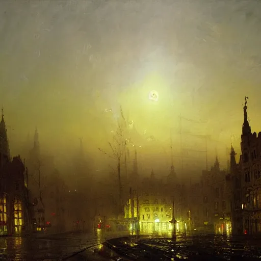 Prompt: detailed painting of a skyscraper in the middle of nowhere, 1 9 4 0's exterior, floral ornaments, volumetrics lights, beam of bright lights through the fog, andreas achenbach
