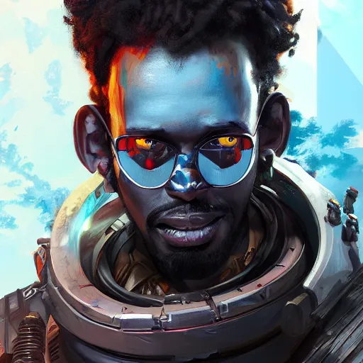 Image similar to a menacing somali space pirate, Apex Legends character digital illustration portrait design, by android jones, detailed, cinematic lighting, wide angle action dynamic portrait