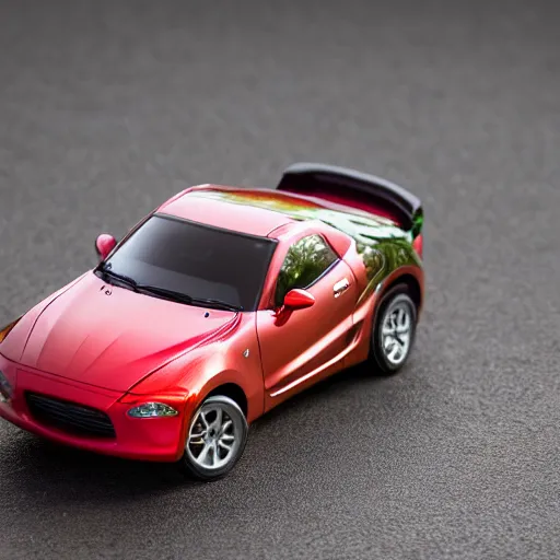 Image similar to a red haired woman driving a Jada toys mitsubishi eclipse green diecast car, macro photography, the woman is inside the toy car, high resolution photo