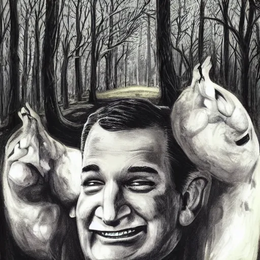 Image similar to Ted Cruz with a wide grin chases you through a dark forest, black and white, creepy lighting, scary, horror, ornate, eerie, fear, oil painting