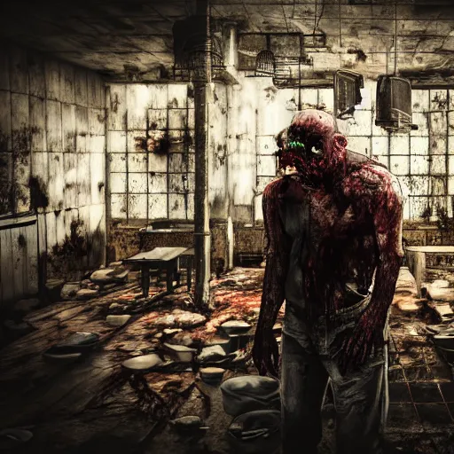 Image similar to butcher angry rotting zombie, detailled beautiful portrait, dilapidated butchery interior, feeling of grimdark horror, daytime, high contrast, ultra intricate detailed, octane render, unreal engine