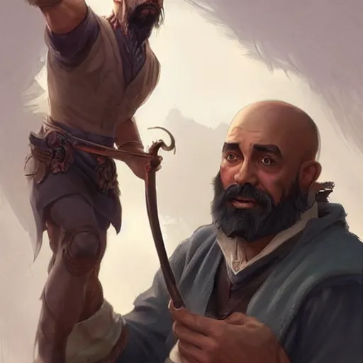 Image similar to wow! fanart young black bearded and bald man with a fish in his hand, d & d, high fantasy, detailed, digital art, artstation, smooth, sharp focus, art by artgerm, greg rutkowski, alphonse mucha