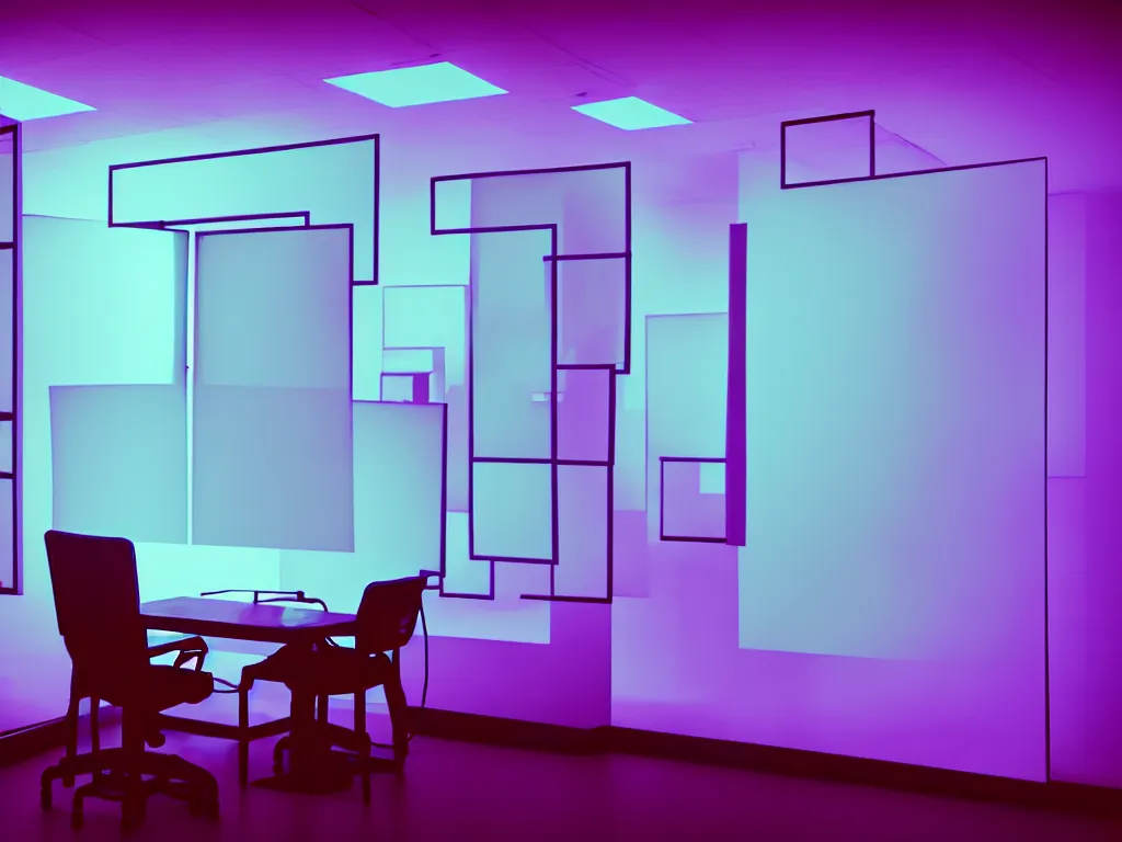 Image similar to room with overlaping screens projecting art, pixel perfect image, high contrast, volumetric lighting, tiny neon light, chair, user, pair of keys