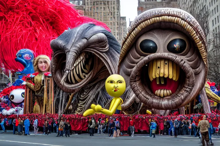 Image similar to photo of giant beautiful elaborate parade float character designed by giger and wes anderson!!!!!!!!!!!!!!, in the macys parade, detailed 4 k photo,