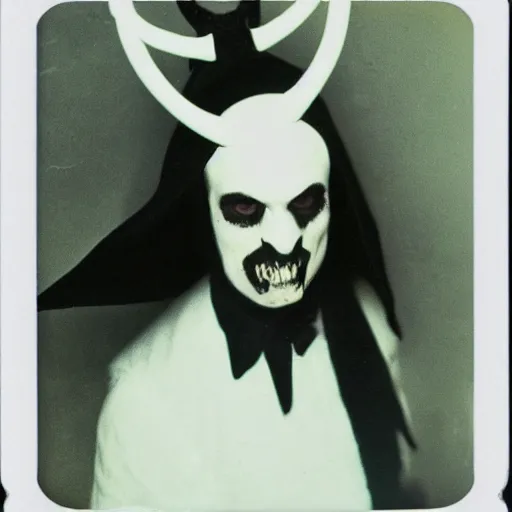 Image similar to gothic horror man in white with horns and fangs blurry depth of field polaroid high resolution