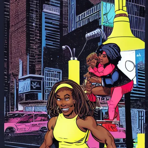 Prompt: In the style of Rafael Albuquerque comic art, Serena Williams opening a lemonade stand.