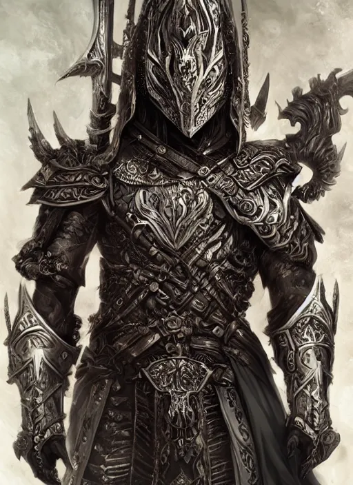 Prompt: high intricate male warrior with white baroque armor and black garment, demon lord, ancient forest, maria panfilova, andrea savchenko, mike kime, ludovic plouffe, qi sheng luo, oliver cook, trending on artstation