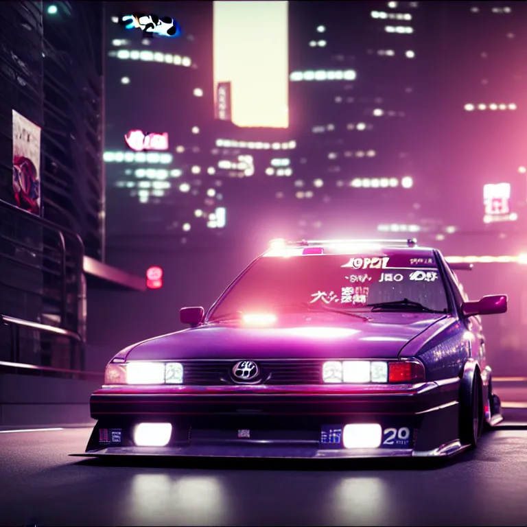 Image similar to toyota jzx 1 0 0 drift, detailed - wheels, shibuya prefecture, cyberpunk female supermodel in front, cinematic lighting, photorealistic, night photography, octane render