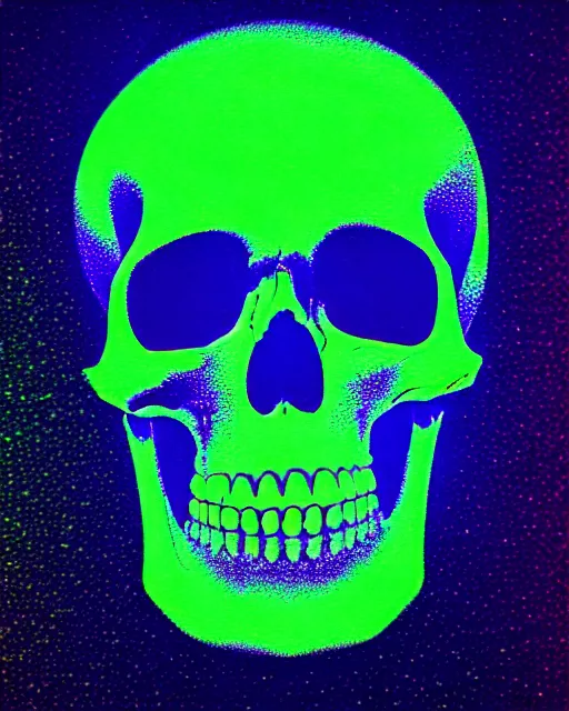 Prompt: glow, chromatic aberration, prismatic, skull, cinematic, retro, vintage, cool, unique, interesting, original, vhs quality