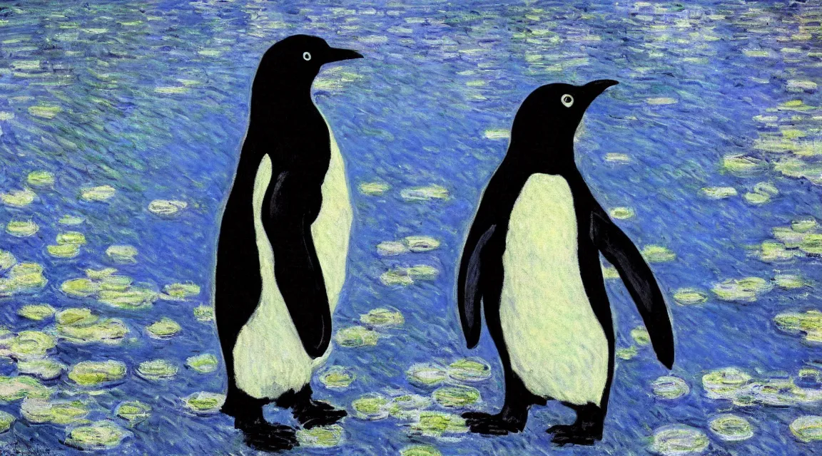 Prompt: Linux Tux penguin wallpaper painted by Claude Monet