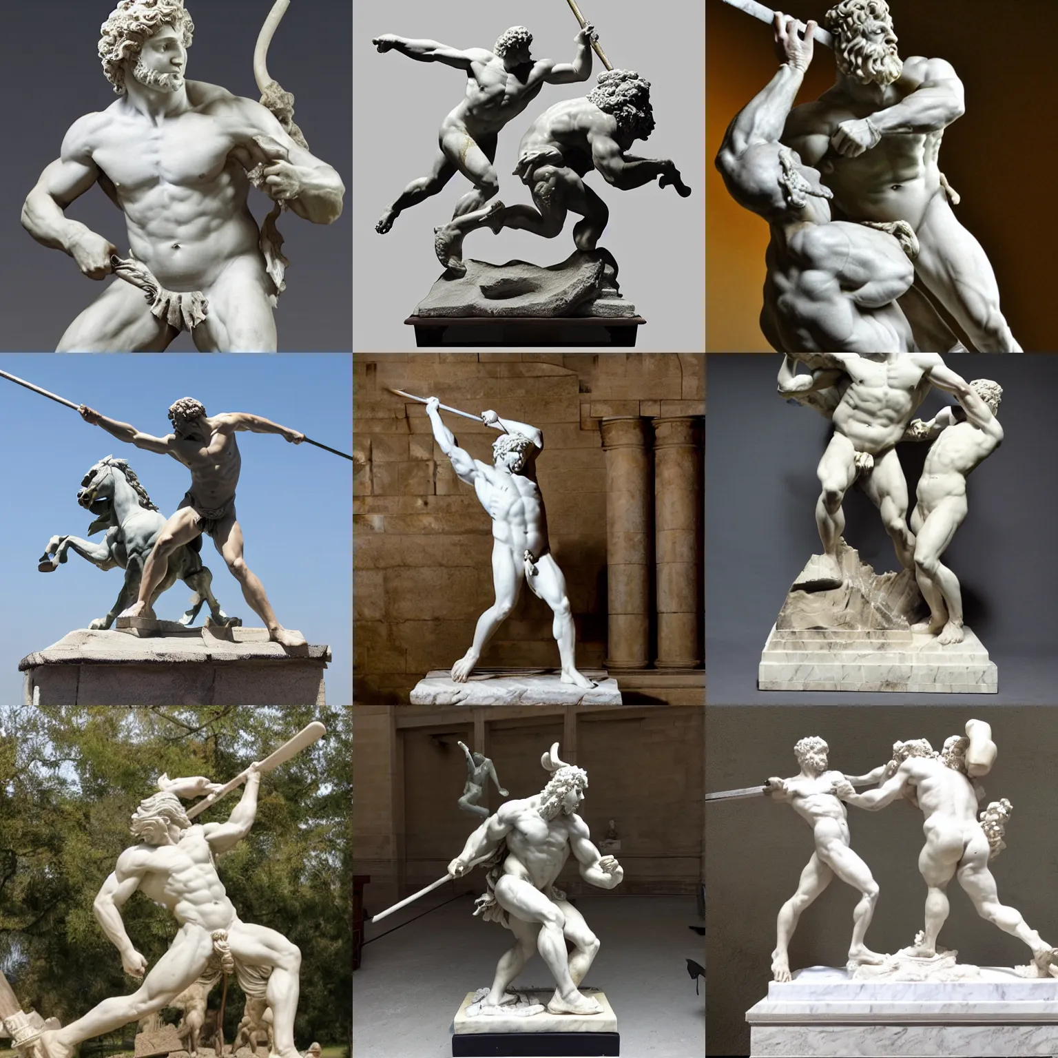 Prompt: marble statue of Hercules battling the minotaur