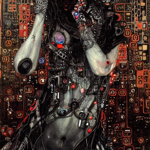 Image similar to depraved cybernetic vampire trapped in circuitry, intricate detail, miro, royo, whealan, klimt,