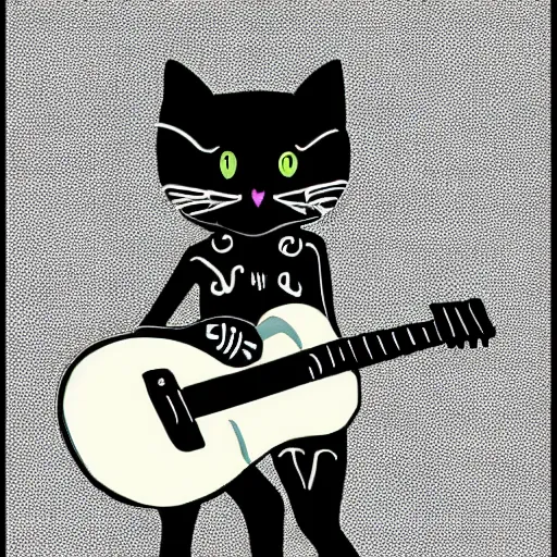 Image similar to skeleton wearing headphones watching girl playing guitar with her black cat standing next to her, digital art