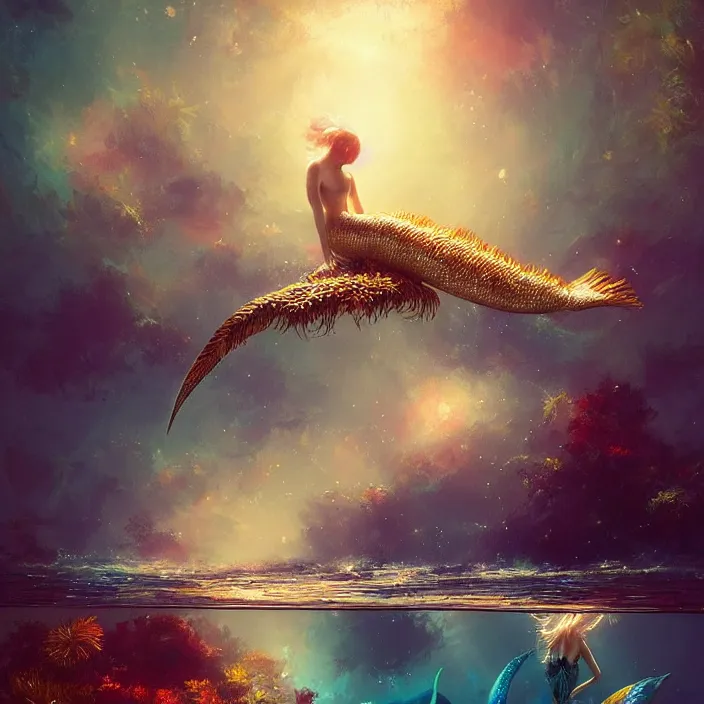 Prompt: gorgeous mermaid swimming underwater, golden hour, god rays, coral reef, dreamscape by artgerm and ruan jia and ismail inceoglu and greg olsen, cosmos, milky way galaxy, masterpiece, beautiful, intricate, elegant, highly detailed, palm trees