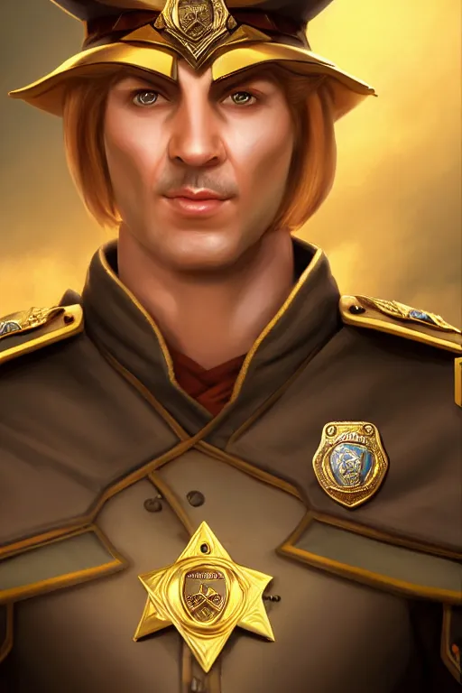 Prompt: high elf mall cop with a sheriff's badge, they are shifty and incompetent, Oil Painting, hyperrealistic, Detailed Digital Art, RPG portrait, 3/4 bust, dynamic lighting, Highly Detailed, Cinematic Lighting, 8k, HD