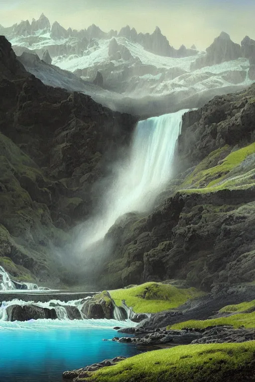 Prompt: painting of iceland landscape with a blue glacier lake and a waterfall, green moss and black rocks and black sand, a detailed matte painting by christophe vacher, matte painting, ultra detailed, matte drawing