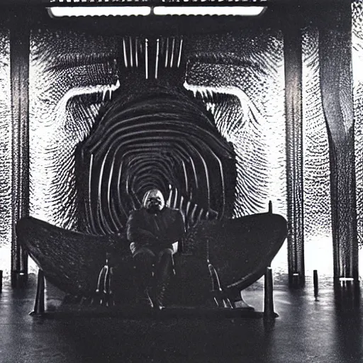 Image similar to chunky orson welles sitting on a dark throne, in an alien room by hans giger, movie by denis villeneuve, lubezki, gaspar noe and alejandro jodorowsky, anamorphic lens, anamorphic lens flares, kodakchrome, cinematic composition, practical effects, award winning photo, 8 k