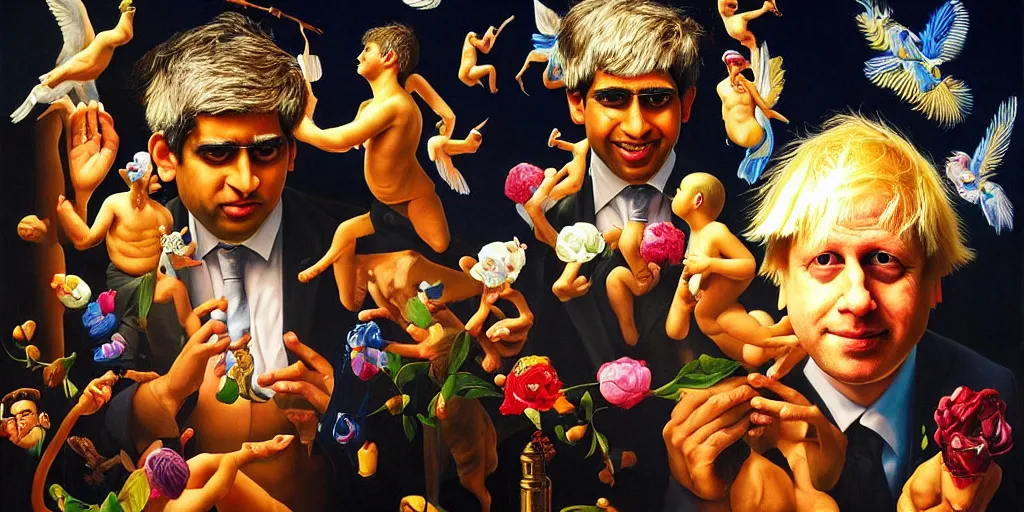 Image similar to rishi sunak and boris johnson in heaven, abstract oil painting by gottfried helnwein pablo amaringo raqib shaw zeiss lens sharp focus high contrast chiaroscuro gold complex intricate bejeweled