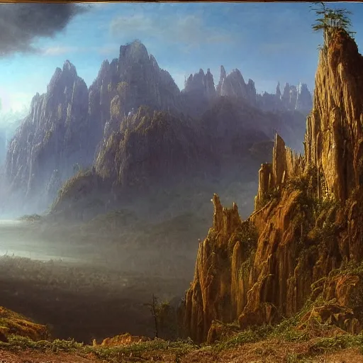 Image similar to a beautiful and highly detailed matte painting of an epic mountain range, intricate details, epic scale, insanely complex, 8 k, sharp focus, hyperrealism, very realistic, by caspar friedrich, james gurney, albert bierstadt,