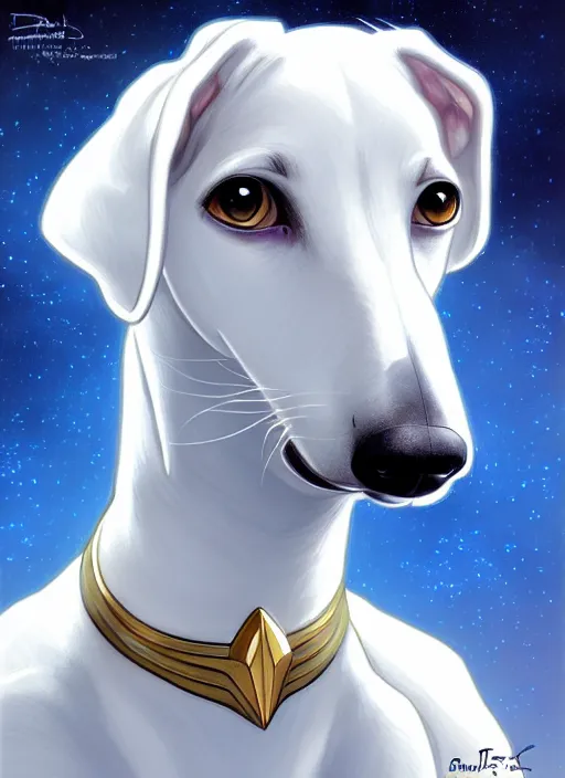 Prompt: cute star trek officer white greyhound, natural lighting, path traced, highly detailed, high quality, digital painting, by don bluth and ross tran and studio ghibli and alphonse mucha, artgerm