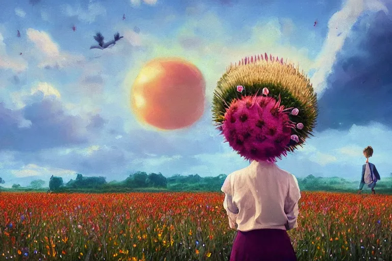 Prompt: grande thistle flower under head, a girl in a suit in field of flowers, surreal photography, sunrise, blue sky, dramatic light, impressionist painting, digital painting, artstation, simon stalenhag