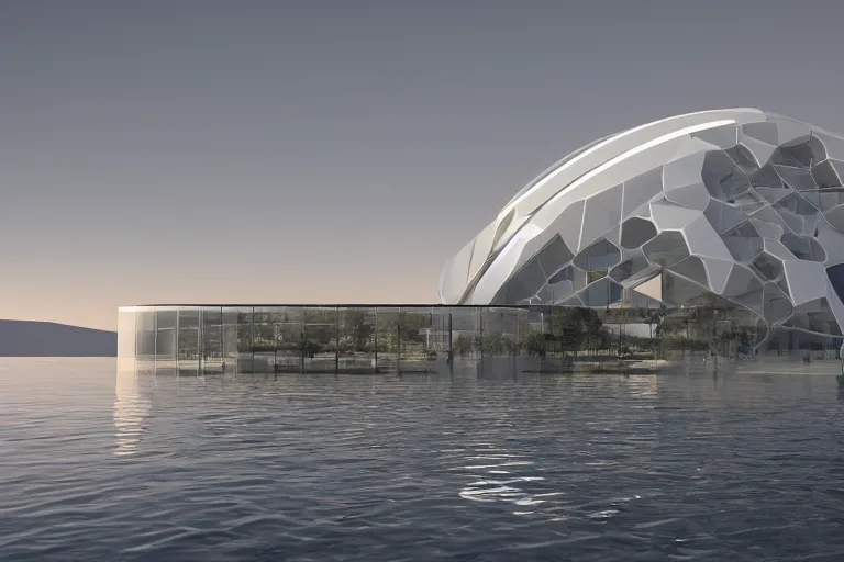 Image similar to a building formed by the combination of many white spherical spaces and boolean, on the calm lake, people's perspective modern curved architecture, future, wood, marble, metal award winning, highly detailed 4 k art, dusk, unreal engine highly rendered, global illumination, radial light, internal environment by kazuyo sejima