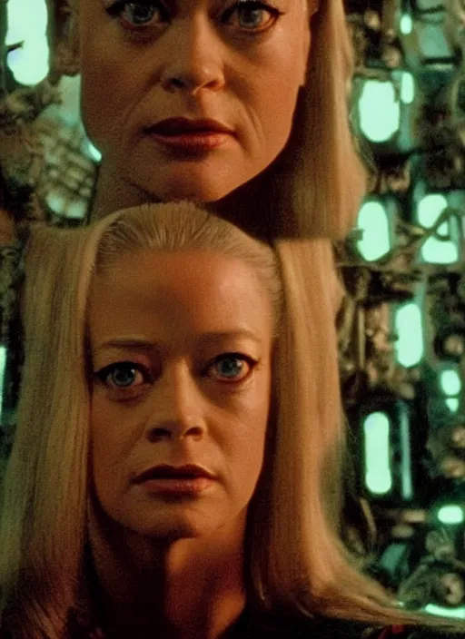 Image similar to 35mm portrait of an intricate and sophisticated borg with the face of young Jeri Ryan , on the background of a weird magical mechanical forest. Round gears visible inside her hear. Very detailed 8k. Fantasy cyberpunk horror. Sharp. Cinematic post-processing