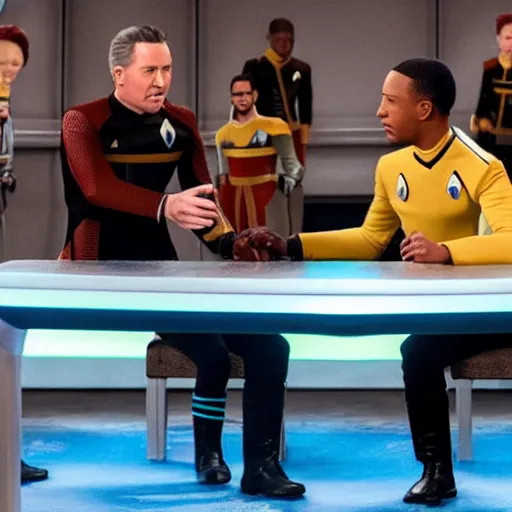 Image similar to isaac from the orville and data from star trek arm wrestling on the holodeck with the cast of both shows cheering on from the sidelines, 8 k, sharp focus, cinematic lighting, highly detailed, perfect anatomy,