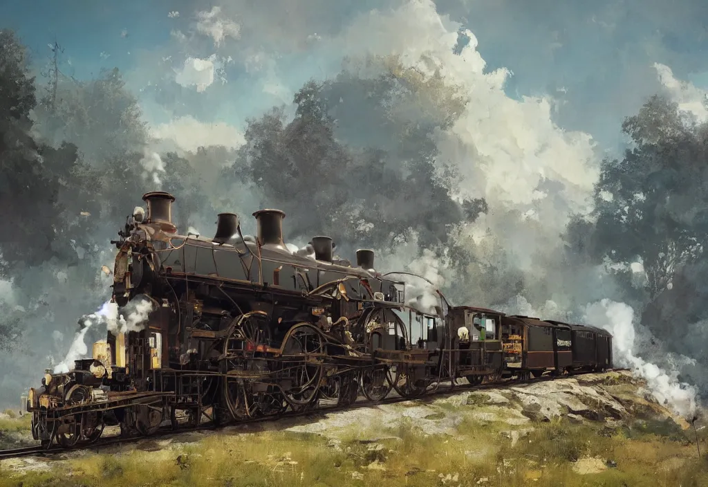 Image similar to a 1 9 th century steam train in a stunning landscape by ismail inceoglu, oil on canvas, line art, winning - award masterpiece, fantastic, octane render, 8 k hd resolution, high quality image