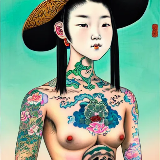 Image similar to full view of a girl from the qing dynasty with tattoos, wearing a cowboy hat, style of yoshii chie and hikari shimoda and martine johanna, highly detailed