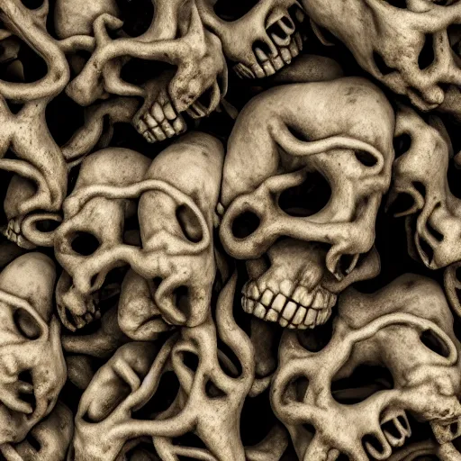 Image similar to extreme closeup photo of a Skulls shrouded in intestine vines, flies sitting on the skull, body horror, 3D render,subsurface scattering,global illumination,raytracing,studio lighting,optical lens flare fx,bokeh,cinematic,photorealistic,photography by Helmut Newton, Sigma 85mm f/1.4, 4K, UHD, HDR