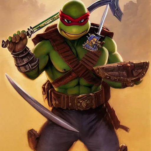 Prompt: a teenage mutant ninja turtle as a d & d style fighter with a sword and shield, highly detailed painting by gaston bussiere, craig mullins, j. c. leyendecker, 8 k