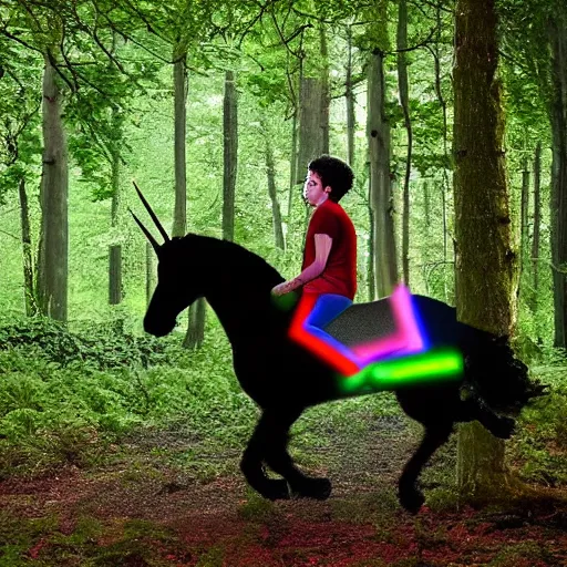 Image similar to night green security footage of a teenager with short black curly hair on the woods riding a real unicorn