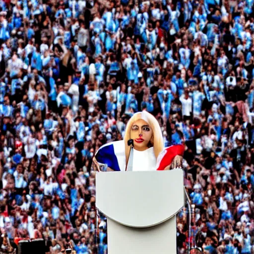 Image similar to Lady Gaga as president, Argentina presidential rally, Argentine flags behind, bokeh, giving a speech, detailed face, Argentina