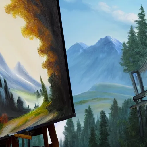 Image similar to a closeup photorealistic photograph of bob ross working on a canvas painting of natalie dormer. film still. brightly lit scene. mountains and trees. this 4 k hd image is trending on artstation, featured on behance, well - rendered, extra crisp, features intricate detail, epic composition and the style of unreal engine.