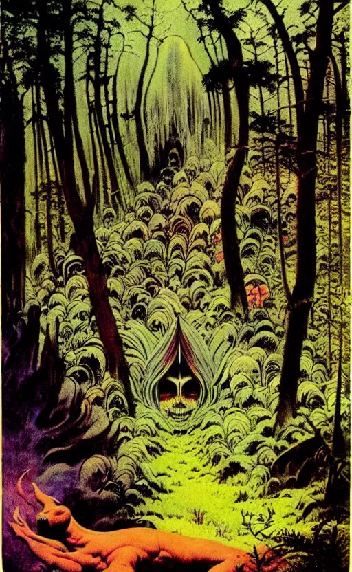 Image similar to trippy psychedelic enchanged forest illustration by frank frazetta