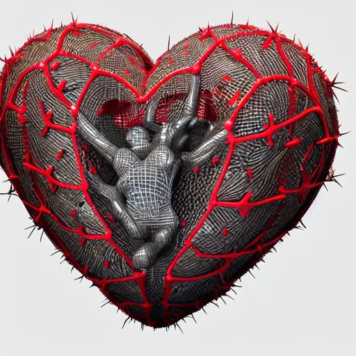 Image similar to human heart with basketball texture with net tied around it, thorns, emanating color, solemn, sacred, faith, ornate, piety, hyper-detailed intricate 3D sculpture, bernini, michelangelo, blender, hyperrealistic octane render, hyper-detailed, 8k, cinematic lighting, gothic 8k