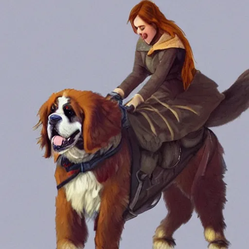 Image similar to girl riding giant saint Bernard in the park, trending on artstation