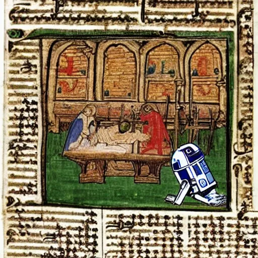 Image similar to page from a 1 4 th century monk's manuscript illustrating an epic battle between r 2 d 2 and!! pepe the frog!!