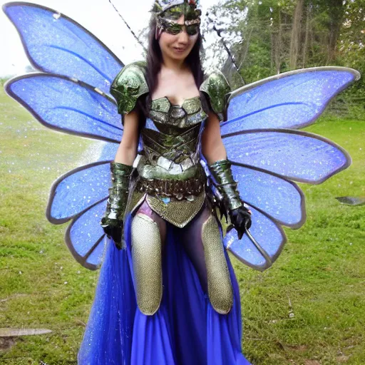 Prompt: full body photo of a beautiful fairy warrior with sparkling armour