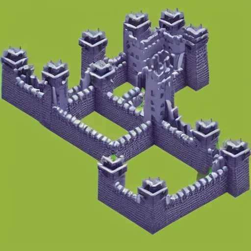 Image similar to isometric castle with moat and drawbridge under siege, isometric voxel art, magicavoxel, cgsociety, artstation