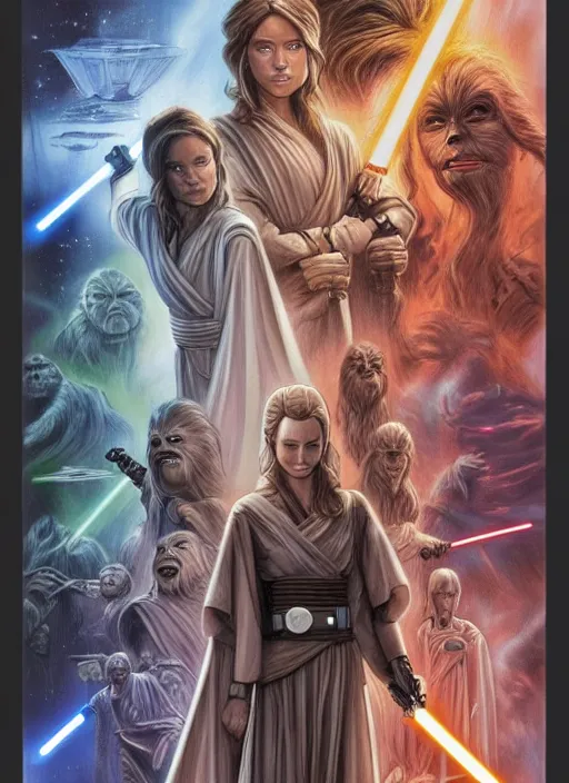 Prompt: movie poster by iain mccaig and magali villeneuve, a beautiful woman jedi master, symetrical face. highly detailed. star wars expanded universe, she is about 2 0 years old, wearing jedi robes. star destroyer