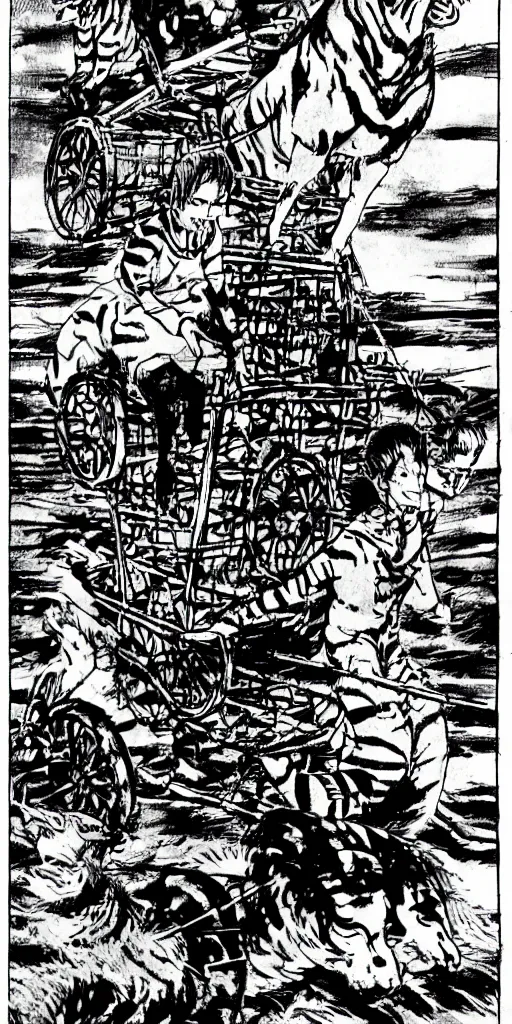 Image similar to man riding a chariot car being pulled by tigers drawn by Junji Ito.