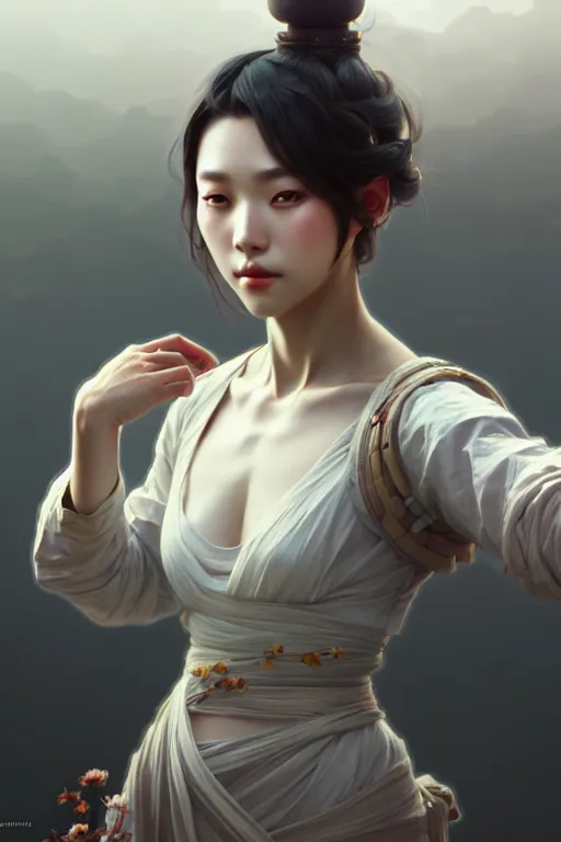 Image similar to beautiful digital painting of hoyeon jung gray background with high detail, 8 k, stunning detail, works by artgerm, greg rutkowski and alphonse mucha, unreal engine 5, 4 k uhd