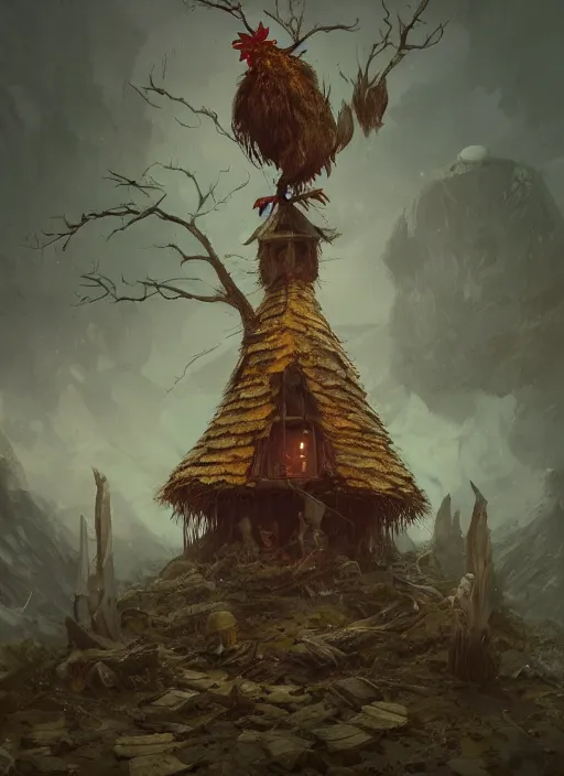 Image similar to a witch hut standing on chicken legs, greg rutkowski, zabrocki, karlkka, jayison devadas, trending on artstation, 8 k, ultra wide angle, zenith view, pincushion lens effect