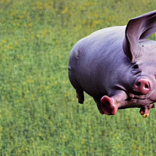 Prompt: national geographic photograph of a flying pig, it has wings, daylight, outdoors