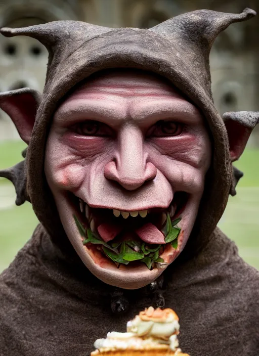 Image similar to closeup face portrait of a medieval goblin eating cakes in the cloisters, depth of field, zeiss lens, detailed, symmetrical, centered, fashion photoshoot, by annie leibovitz and steve mccurry, david lazar, jimmy nelsson, breathtaking, 8 k resolution, extremely detailed, beautiful, establishing shot, artistic, hyperrealistic, beautiful face, octane render