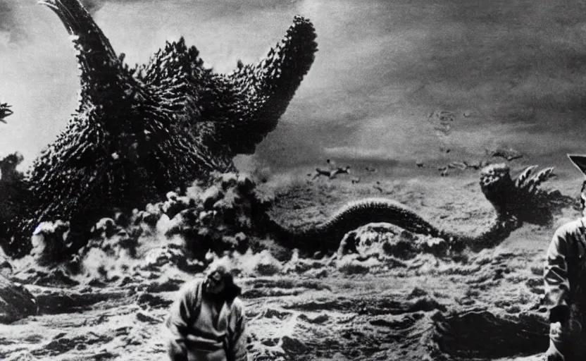 Image similar to a filmstill of Kim Jong-il and a giant starfish monster destroying Pyongyang, in Godzilla (1954) by Ishirō Honda, epic ultrawide shot, cinémascope