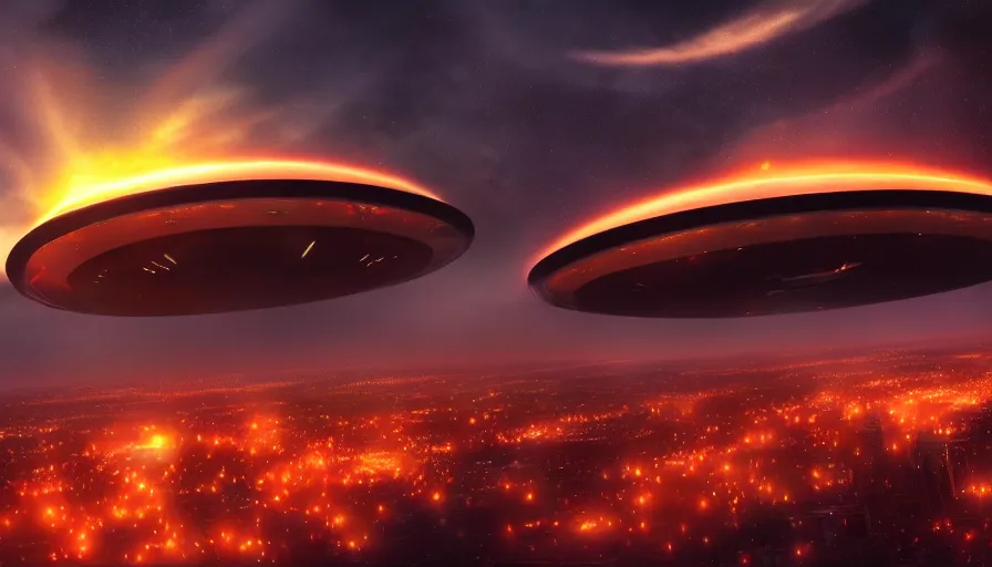 Image similar to gigantic ufo upon washington dc, sky on fire, hyperdetailed, artstation, cgsociety, 8 k